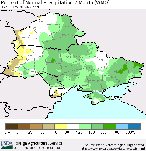 Ukraine, Moldova and Belarus Percent of Normal Precipitation 2-Month (WMO) Thematic Map For 10/1/2022 - 11/30/2022