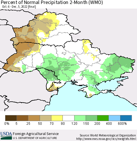 Ukraine, Moldova and Belarus Percent of Normal Precipitation 2-Month (WMO) Thematic Map For 10/6/2022 - 12/5/2022