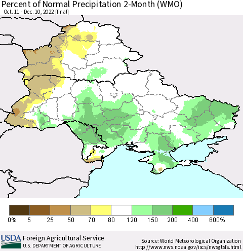 Ukraine, Moldova and Belarus Percent of Normal Precipitation 2-Month (WMO) Thematic Map For 10/11/2022 - 12/10/2022