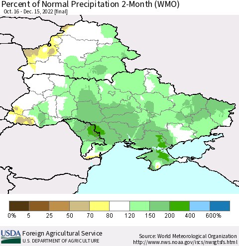 Ukraine, Moldova and Belarus Percent of Normal Precipitation 2-Month (WMO) Thematic Map For 10/16/2022 - 12/15/2022