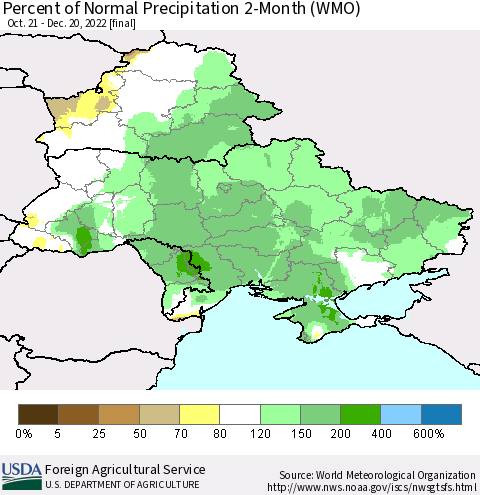 Ukraine, Moldova and Belarus Percent of Normal Precipitation 2-Month (WMO) Thematic Map For 10/21/2022 - 12/20/2022