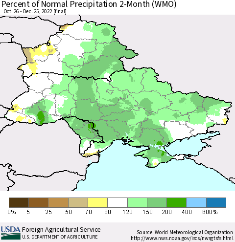 Ukraine, Moldova and Belarus Percent of Normal Precipitation 2-Month (WMO) Thematic Map For 10/26/2022 - 12/25/2022