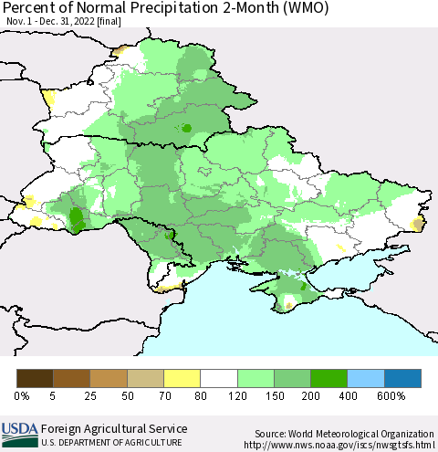 Ukraine, Moldova and Belarus Percent of Normal Precipitation 2-Month (WMO) Thematic Map For 11/1/2022 - 12/31/2022