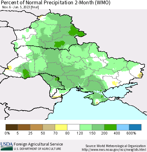 Ukraine, Moldova and Belarus Percent of Normal Precipitation 2-Month (WMO) Thematic Map For 11/6/2022 - 1/5/2023