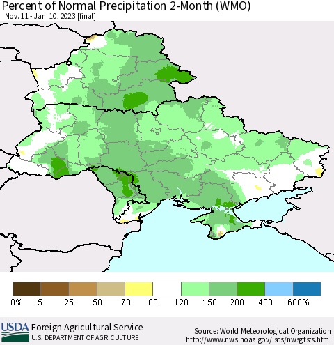 Ukraine, Moldova and Belarus Percent of Normal Precipitation 2-Month (WMO) Thematic Map For 11/11/2022 - 1/10/2023