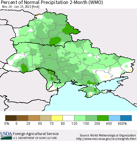 Ukraine, Moldova and Belarus Percent of Normal Precipitation 2-Month (WMO) Thematic Map For 11/16/2022 - 1/15/2023