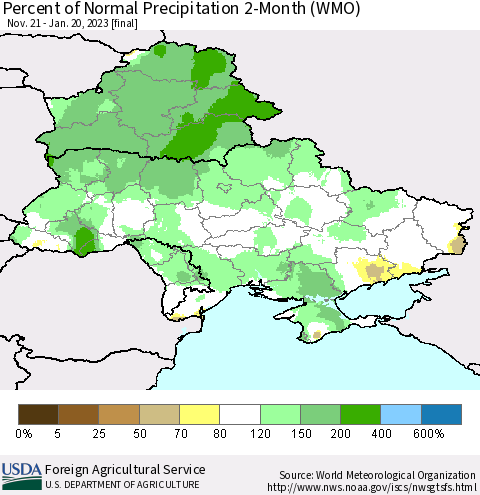 Ukraine, Moldova and Belarus Percent of Normal Precipitation 2-Month (WMO) Thematic Map For 11/21/2022 - 1/20/2023