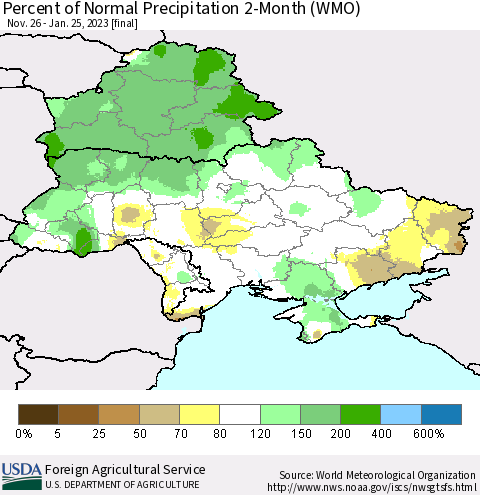 Ukraine, Moldova and Belarus Percent of Normal Precipitation 2-Month (WMO) Thematic Map For 11/26/2022 - 1/25/2023