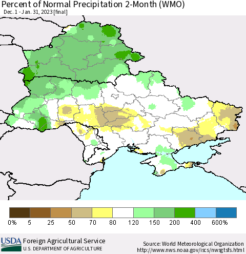 Ukraine, Moldova and Belarus Percent of Normal Precipitation 2-Month (WMO) Thematic Map For 12/1/2022 - 1/31/2023