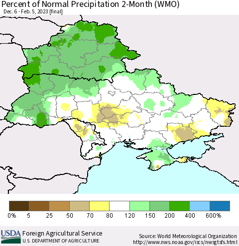 Ukraine, Moldova and Belarus Percent of Normal Precipitation 2-Month (WMO) Thematic Map For 12/6/2022 - 2/5/2023