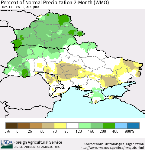Ukraine, Moldova and Belarus Percent of Normal Precipitation 2-Month (WMO) Thematic Map For 12/11/2022 - 2/10/2023