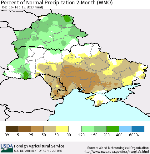 Ukraine, Moldova and Belarus Percent of Normal Precipitation 2-Month (WMO) Thematic Map For 12/16/2022 - 2/15/2023