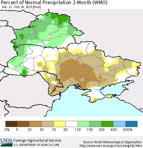 Ukraine, Moldova and Belarus Percent of Normal Precipitation 2-Month (WMO) Thematic Map For 12/21/2022 - 2/20/2023