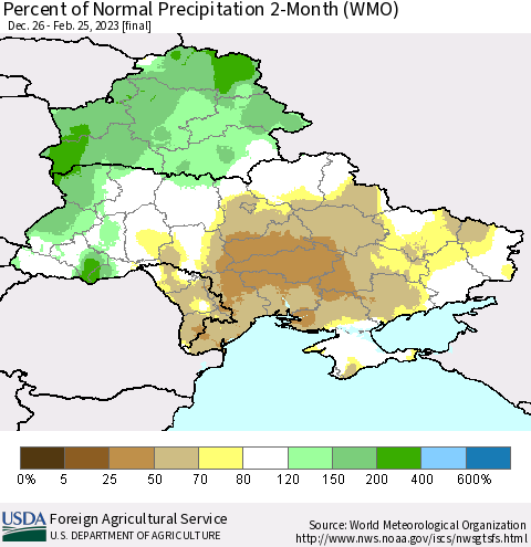 Ukraine, Moldova and Belarus Percent of Normal Precipitation 2-Month (WMO) Thematic Map For 12/26/2022 - 2/25/2023