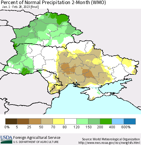 Ukraine, Moldova and Belarus Percent of Normal Precipitation 2-Month (WMO) Thematic Map For 1/1/2023 - 2/28/2023