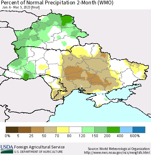 Ukraine, Moldova and Belarus Percent of Normal Precipitation 2-Month (WMO) Thematic Map For 1/6/2023 - 3/5/2023