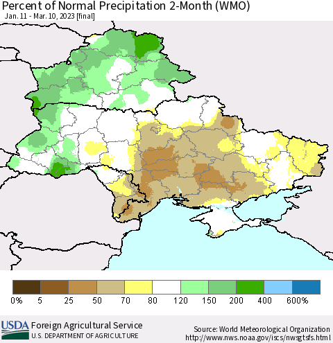 Ukraine, Moldova and Belarus Percent of Normal Precipitation 2-Month (WMO) Thematic Map For 1/11/2023 - 3/10/2023