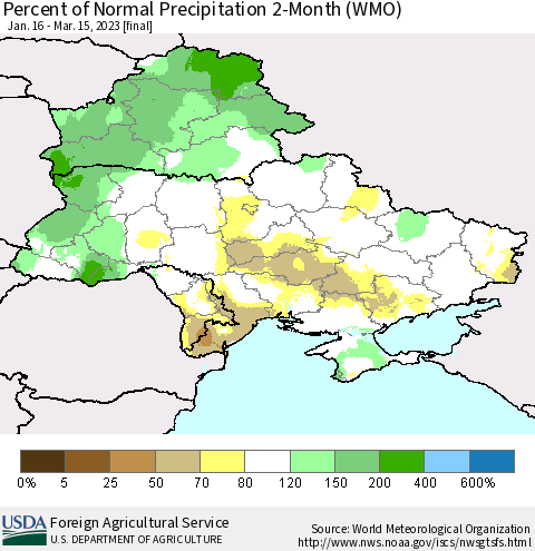 Ukraine, Moldova and Belarus Percent of Normal Precipitation 2-Month (WMO) Thematic Map For 1/16/2023 - 3/15/2023