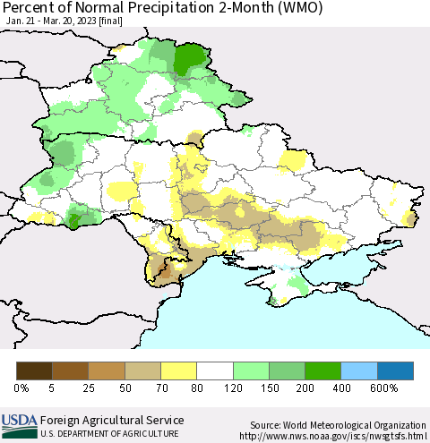 Ukraine, Moldova and Belarus Percent of Normal Precipitation 2-Month (WMO) Thematic Map For 1/21/2023 - 3/20/2023