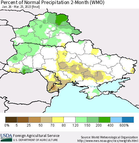 Ukraine, Moldova and Belarus Percent of Normal Precipitation 2-Month (WMO) Thematic Map For 1/26/2023 - 3/25/2023