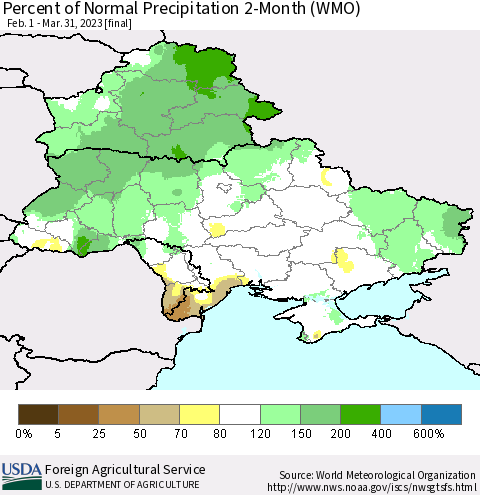 Ukraine, Moldova and Belarus Percent of Normal Precipitation 2-Month (WMO) Thematic Map For 2/1/2023 - 3/31/2023