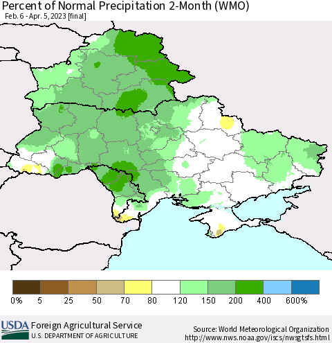 Ukraine, Moldova and Belarus Percent of Normal Precipitation 2-Month (WMO) Thematic Map For 2/6/2023 - 4/5/2023