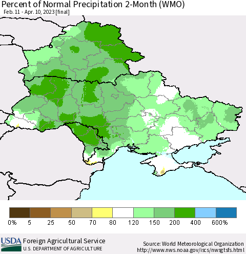 Ukraine, Moldova and Belarus Percent of Normal Precipitation 2-Month (WMO) Thematic Map For 2/11/2023 - 4/10/2023