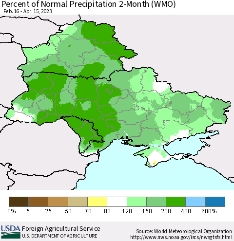 Ukraine, Moldova and Belarus Percent of Normal Precipitation 2-Month (WMO) Thematic Map For 2/16/2023 - 4/15/2023