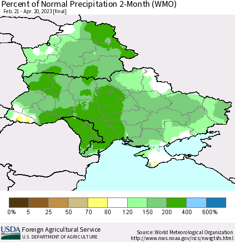 Ukraine, Moldova and Belarus Percent of Normal Precipitation 2-Month (WMO) Thematic Map For 2/21/2023 - 4/20/2023