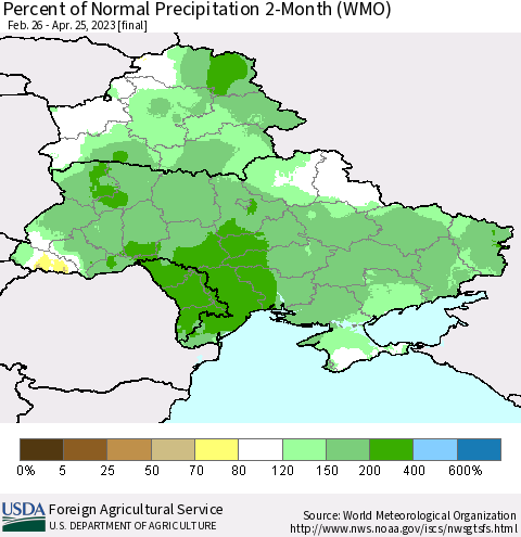 Ukraine, Moldova and Belarus Percent of Normal Precipitation 2-Month (WMO) Thematic Map For 2/26/2023 - 4/25/2023