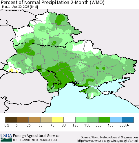 Ukraine, Moldova and Belarus Percent of Normal Precipitation 2-Month (WMO) Thematic Map For 3/1/2023 - 4/30/2023