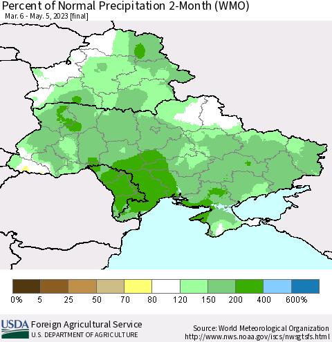 Ukraine, Moldova and Belarus Percent of Normal Precipitation 2-Month (WMO) Thematic Map For 3/6/2023 - 5/5/2023