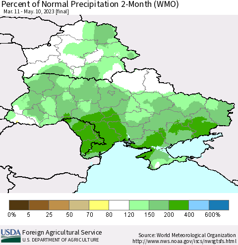 Ukraine, Moldova and Belarus Percent of Normal Precipitation 2-Month (WMO) Thematic Map For 3/11/2023 - 5/10/2023