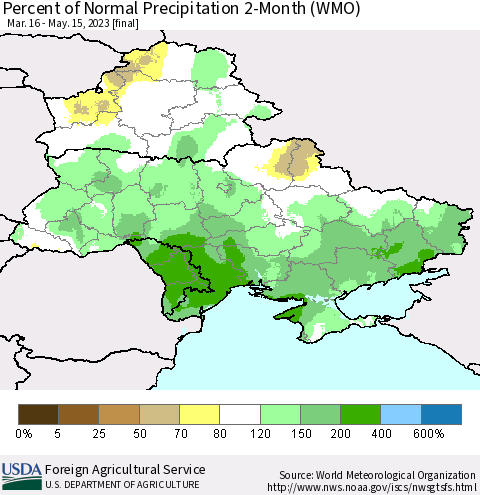 Ukraine, Moldova and Belarus Percent of Normal Precipitation 2-Month (WMO) Thematic Map For 3/16/2023 - 5/15/2023