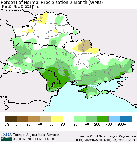 Ukraine, Moldova and Belarus Percent of Normal Precipitation 2-Month (WMO) Thematic Map For 3/21/2023 - 5/20/2023