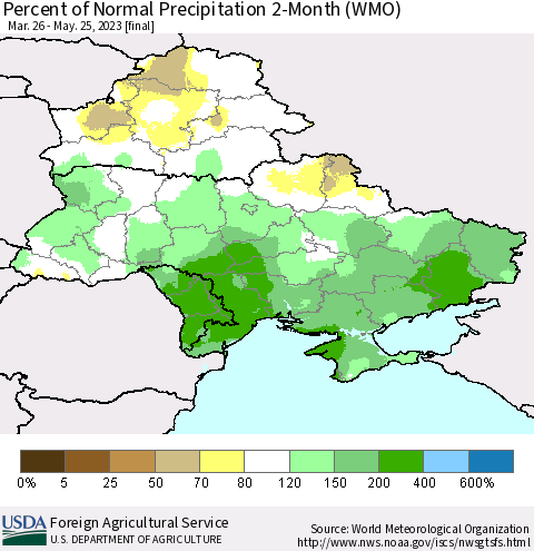 Ukraine, Moldova and Belarus Percent of Normal Precipitation 2-Month (WMO) Thematic Map For 3/26/2023 - 5/25/2023