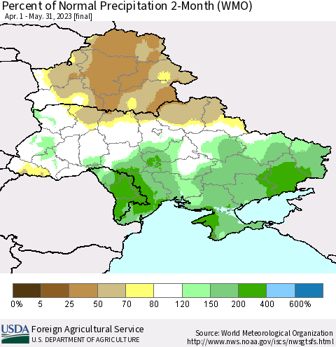 Ukraine, Moldova and Belarus Percent of Normal Precipitation 2-Month (WMO) Thematic Map For 4/1/2023 - 5/31/2023