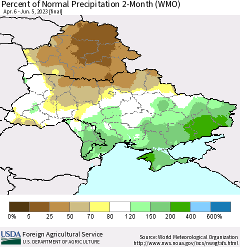 Ukraine, Moldova and Belarus Percent of Normal Precipitation 2-Month (WMO) Thematic Map For 4/6/2023 - 6/5/2023