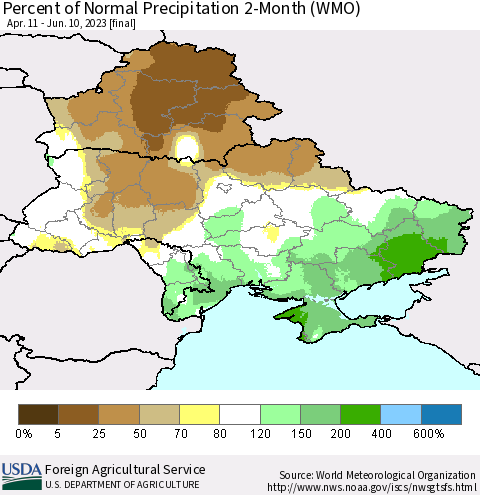 Ukraine, Moldova and Belarus Percent of Normal Precipitation 2-Month (WMO) Thematic Map For 4/11/2023 - 6/10/2023