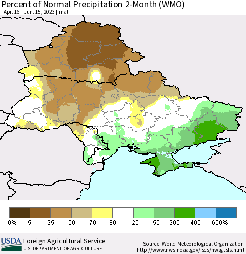 Ukraine, Moldova and Belarus Percent of Normal Precipitation 2-Month (WMO) Thematic Map For 4/16/2023 - 6/15/2023