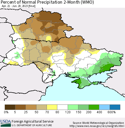 Ukraine, Moldova and Belarus Percent of Normal Precipitation 2-Month (WMO) Thematic Map For 4/21/2023 - 6/20/2023