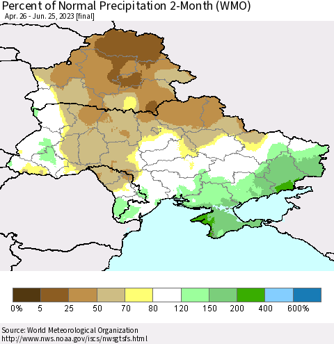 Ukraine, Moldova and Belarus Percent of Normal Precipitation 2-Month (WMO) Thematic Map For 4/26/2023 - 6/25/2023