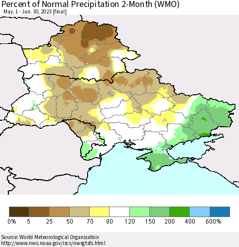 Ukraine, Moldova and Belarus Percent of Normal Precipitation 2-Month (WMO) Thematic Map For 5/1/2023 - 6/30/2023