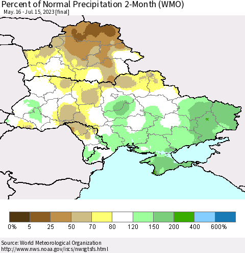 Ukraine, Moldova and Belarus Percent of Normal Precipitation 2-Month (WMO) Thematic Map For 5/16/2023 - 7/15/2023