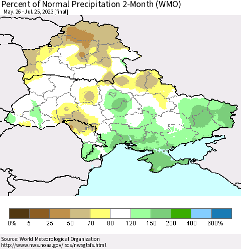 Ukraine, Moldova and Belarus Percent of Normal Precipitation 2-Month (WMO) Thematic Map For 5/26/2023 - 7/25/2023