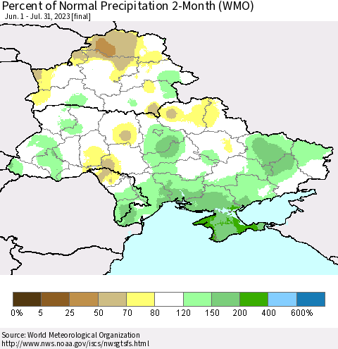 Ukraine, Moldova and Belarus Percent of Normal Precipitation 2-Month (WMO) Thematic Map For 6/1/2023 - 7/31/2023