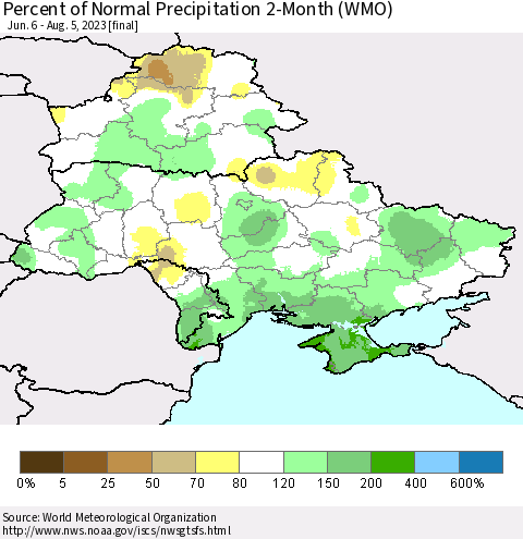 Ukraine, Moldova and Belarus Percent of Normal Precipitation 2-Month (WMO) Thematic Map For 6/6/2023 - 8/5/2023