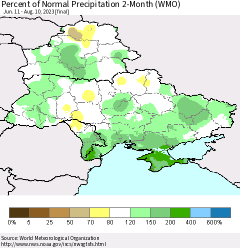 Ukraine, Moldova and Belarus Percent of Normal Precipitation 2-Month (WMO) Thematic Map For 6/11/2023 - 8/10/2023
