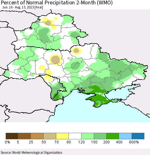 Ukraine, Moldova and Belarus Percent of Normal Precipitation 2-Month (WMO) Thematic Map For 6/16/2023 - 8/15/2023