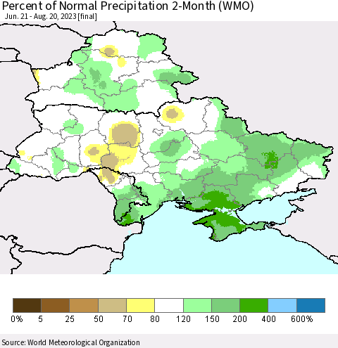 Ukraine, Moldova and Belarus Percent of Normal Precipitation 2-Month (WMO) Thematic Map For 6/21/2023 - 8/20/2023